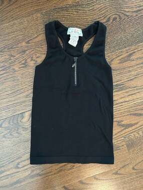 F&F Black Ribbed Racerback Tank Top with Rhinestone Half-Zip Detail